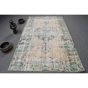 Alfombra de lana turca Vintage Cozy Chic de 5x8 pies, respaldo de látex de tejido plano de retazos beige y verde para decoración para sala de estar - Product Image 1