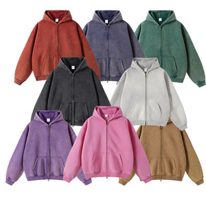 Sweat à capuche zippé noir surdimensionné de luxe pour hommes avec logo personnalisé en coton épais brodé Streetwear délavé à l'acide - Product Image 2