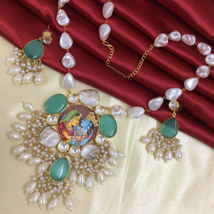 Handmade Long <b>Necklace</b> With Monalisa Stone With Pearl <b>Necklace</b> With Earrings Classic Jewellery Brass For Wedding And Party - Product Image 2