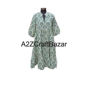 Vestido Midi Boho Himanshi con Cuello en V, 100% Algodón Puro, Estampado Floral, Informal, para Uso Diario, Lavado a Seco, Transpirable, Natural, Holgado - Product Image 1