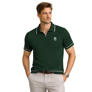 Polo de Punto Trenzado Verde para Hombre, Prenda de Punto de Algodón Premium, Manga Corta, Texturizado, Corte Clásico, Ropa Casual Elegante - Product Image 1