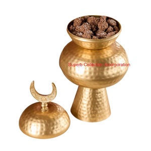 Gold Hammered Brass Dates <b>Bowl</b> Set <b>With</b> Crescent Moon <b>Lid</b> For Ramadan And Eid Mubarak Metal Dry Fruit Serving Dish For Home - Product Image 1