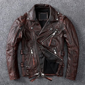 Veste en cuir de moto noire pour hommes, marron vintage, coupe ajustée, fermeture à glissière oblique, cuir de vachette véritable avec décoration en fourrure, tailles S ~ 9XL - Product Image 3