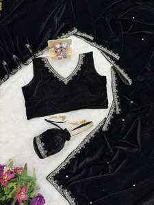 Sari de terciopelo elegante de buena calidad D FASHION GURU, largo hasta el suelo, con bordado elaborado, borde de encaje de lujo, de secado rápido, estilo Bollywood para fiestas - Product Image 2