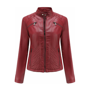 Chaquetas de cuero genuino liso con cremallera de Color granate de cuero auténtico para mujer, chaquetas ajustadas para entrenamiento de Yoga al aire libre, chaquetas hechas a medida - Product Image 5