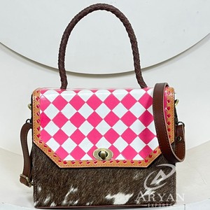 Bolso de Mano de Cuero Vacuno a Cuadros Rosa y Blanco Estilo Occidental para Mujer, Bolso Bandolera con Asa Trenzada - Product Image 1