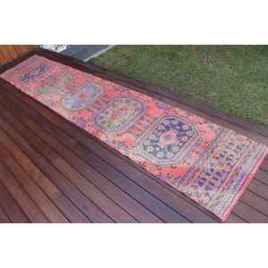 Turkish Vintage <b>Runner</b> Rug 2.1x11.1 ft, <b>Red</b> Blue Moroccan Rug - Product Image 2