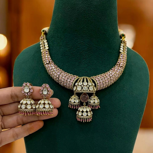 Elegant Antique Gold Plated Choker Necklace Set with Pink Stone and Uncut Diamond <b>Jhumka</b> <b>Earrings</b> - Product Image 1