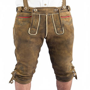 Lederhosen traditionnels allemands pour hommes, longueur genou, taille mi-haute, respirants, motif écossais, en daim de chèvre, fermeture boutonnée, broderie - Product Image 1