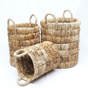 Natural Banana Bark <b>Storage</b> <b>Basket</b> Set Iron Frame <b>Stacked</b> Ring Arch Handle Cylinder Pot Planter Pure Art Setup Room Decor Craft - Product Image 1