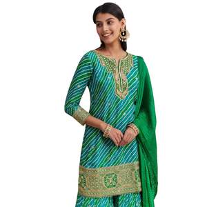Leheriya ชุดปักผ้าชิออนสีเขียวเทอร์ควอยซ์สำหรับงานแต่งงานงานเลี้ยงต้อนรับรื่นเริงและโอกาสทางวัฒนธรรมแบบดั้งเดิม - Product Image 4