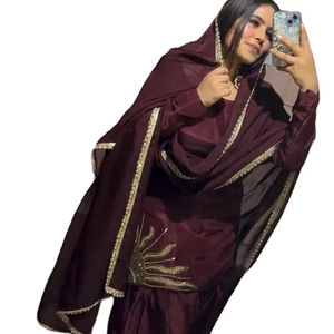 Travail à la main motif à manches longues couleur marron tissu de soie Crep naturel entièrement cousu prêt à porter trois pièces Salwar Kameez à vendre - Product Image 1