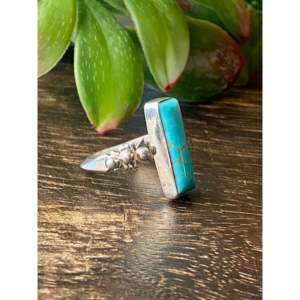 Navajo-Made Fine Jewelry Kingman Turquoise & Sterling <b>Silver</b> Bar <b>Statement</b> <b>Ring</b> Size 6.5 for Everyday Wear - Product Image 3