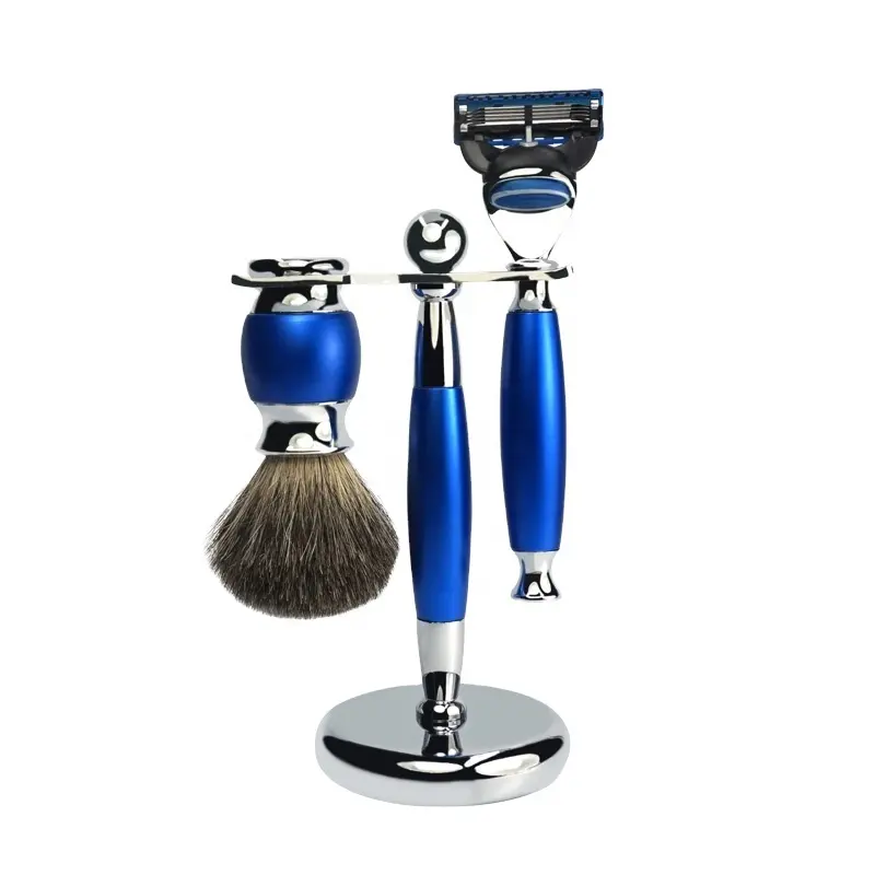 Conjunto de escova de barbear, kit de barbear revestido azul do oem