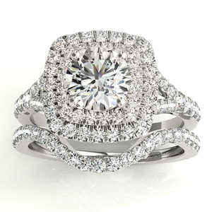 Ensemble de mariage en or blanc 14 carats avec double halo de diamants, bagues en diamants de 0,87 carat - Product Image 2