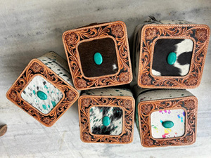 Cajas de joyería de cuero de piel metálica con herramientas hechas a mano con estilo occidental, fundas mínimas esenciales de joyería con piedra turquesa - Product Image 4