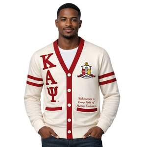 Cardigan Kappa Alpha Psi Kream, tricot de qualité supérieure, boutonné sur le devant, avec écusson brodé de lettres grecques, taille fidèle, vêtement classique de fraternité - Product Image 1