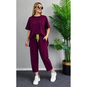 Conjunto de Dos Piezas para Mujer, Blusa de Manga Corta con Cuello Redondo de Viscosa de Dos Hilos y Pantalones, 37756 - Borgoña - Product Image 2