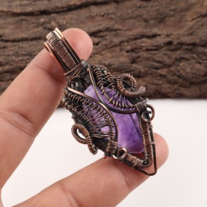 African Amethyst Purple Gemstone Pear Cut Copper Wire <b>Wrapped</b> Fashion Pendant Necklace Oxidized Silver <b>Bridal</b> Wedding Engagement - Product Image 2