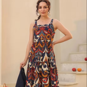 เดรสผ้าฝ้ายแท้สไตล์อินเดียสำหรับผู้หญิงเดรสมิดิพิมพ์ลายดอกไม้สไตล์โบฮีเมียนสำหรับใส่ในฤดูร้อนสำหรับปาร์ตี้คลับลดราคา - Product Image 1