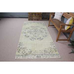 Turkish Vintage Rug 3.7x8.2 ft, <b>Yellow</b> Area Floral <b>Wool</b> Rug - Product Image 3
