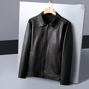 Veste en cuir à revers simple pour hommes Veste en cuir à fermeture éclair décontractée d'affaires pour hommes OEM avec logo personnalisé - Product Image 3