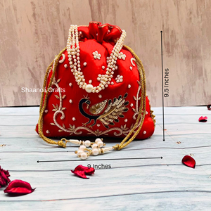 กระเป๋าใส่งานราตรีแบบดั้งเดิมของผู้หญิงทำด้วยมืองานแต่งด้วยไข่มุก Zari งานนกยูงสุดหรู - Product Image 1