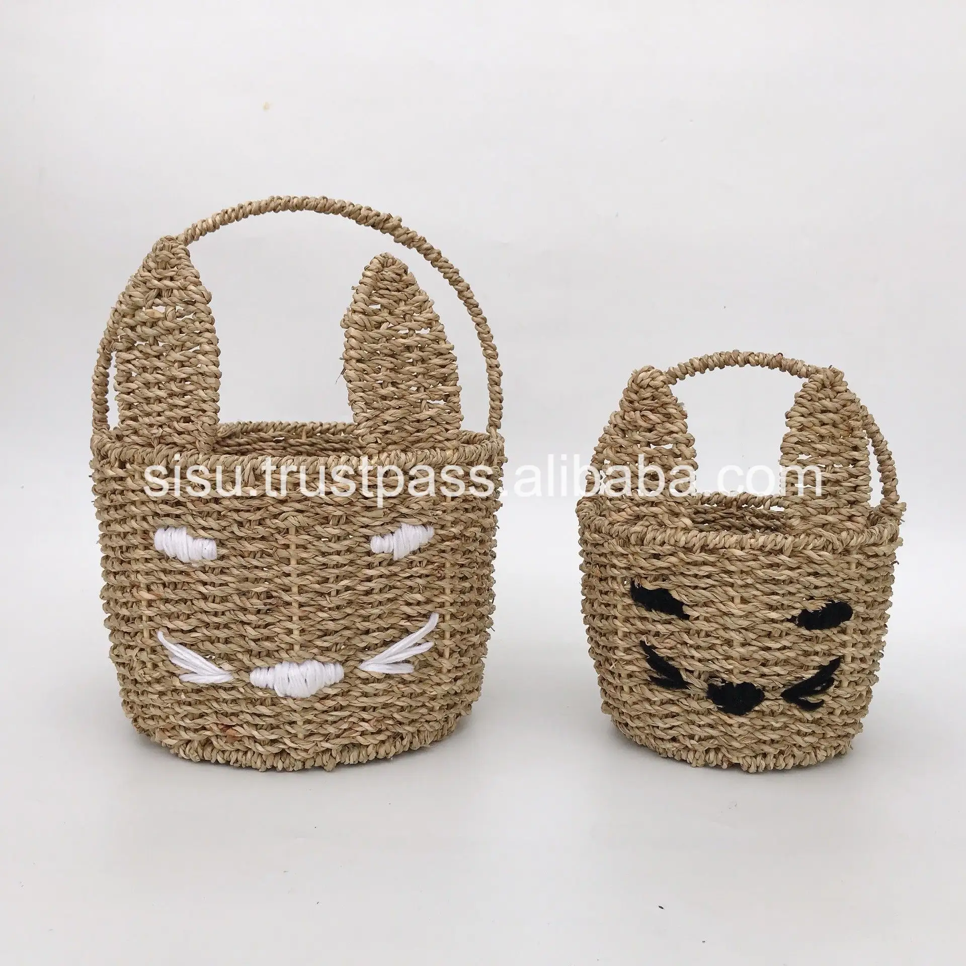 Handwoven Seagrass Gift Basket Rabbit Ears Easter Flower Basket for Holiday Decorative Storage Baskets