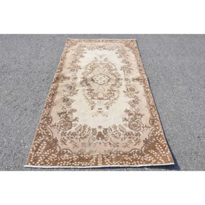 Vintage 3.8x7.1 ft Rug, Area Turkish Rug, <b>Brown</b> White Camouflage <b>Wool</b> Rug - Product Image 1