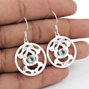 Pendientes colgantes clásicos de forma redonda de piedras preciosas de Topacio Azul Natural de Plata de Ley 925 de aspecto precioso para mujer y niña, joyería fina - Product Image 1