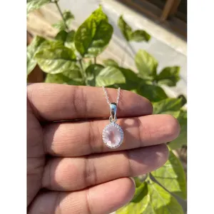 925 <b>Silver</b> Rose Quartz <b>Necklace</b> Water Drop Geometric Pattern Bezel Setting Rhodium Stylish White Gold Rose Gold Platinum - Product Image 1