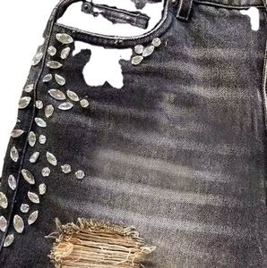 Pantalones Cortos de Mezclilla Negros Desgastados para Hombre con Gráfico de Esqueleto y Pedrería, Estilo Baggy, Hip Hop, Streetwear, Punk Rock - Product Image 4