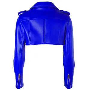 Veste en cuir de motard élégante bleue pour femme Longueur courte Design court Fermeture à glissière asymétrique Élégant pour l'automne Respirant - Product Image 3