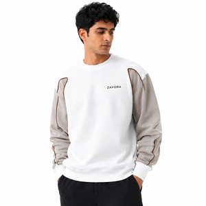 Sweat-shirt pour homme blanc à col rond avec empiècements taupe et détails de passepoil sur les manches, pull décontracté, logo personnalisé, fabricant de sweats à capuche en gros aux États-Unis - Product Image 4