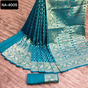 Derniers vêtements ethniques indiens Nouveau designer Party Wear Sari South Indian Style Kanjipuram Silk Saree with Zari Weaving Work Border - Product Image 5
