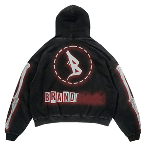 Sweat à capuche zippé oversize pour homme avec strass, style vintage vieilli, double fermeture éclair, logo personnalisé, 100% coton - Product Image 3