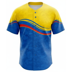 Uniforme de baseball d'équipe personnalisé le plus vendu |   Combinaison de couleur jaune et bleu royal sublimée avec une vague rouge, boutons sur toute la longueur et pantalon - Product Image 1