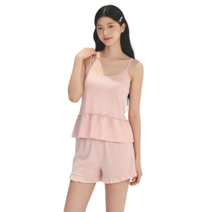 Conjunto de Pijama Ligero y Transpirable de Punto para Mujer, Camiseta sin Mangas con Volantes y Pantalones Cortos, Ropa de Dormir Cómoda para Verano, Tallas Grandes - Product Image 1