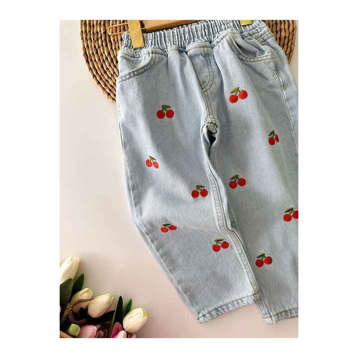 My Little Ones Cherry Embroidered Girl's Jeans - Light Blue
