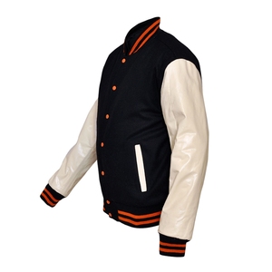 Veste personnalisée Varsity Baseball lettermen corps en laine noire manches en cuir blanc. - Product Image 3