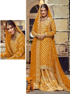 Manches lourdes brodées et travail manuel et patchwork jacquard et satin avec dupatta - Product Image 4