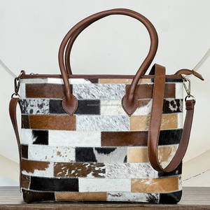 Stylish <b>Genuine</b> Cowhide <b>Leather</b> Tote <b>Bag</b> for Women with Detachable Strap Zipper Closure Shoulder Patchwork Handbag for Women - Product Image 4