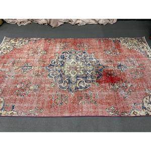 4x7.2 ft Vintage Turkish <b>Wool</b> Rug <b>Red</b> Bordered Patchwork Design with Latex Backing - Product Image 5
