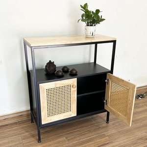 Meuble de rangement décoratif industriel moderne KTB68121 avec porte en rotin et structure en fer pour salon, salle à manger, entrée - Product Image 5