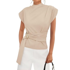 Mono de punto beige sin tirantes para mujer, sin mangas, con cinturón, cintura alta, estilo bohemio, floral, transpirable, holgado, para primavera, verano, oficina - Product Image 1