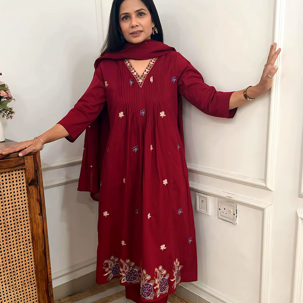 chinese dress ladies Cotton Embroidered Calf Length Straight Kurta –Rangita