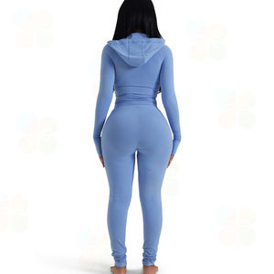 Chaqueta con capucha y cremallera para gimnasio con bordado personalizado para mujer, mallas de manga larga, conjunto de Yoga sin costuras para Fitness, trajes deportivos informales - Product Image 4