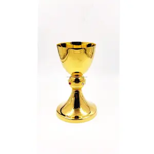 Brass Church Chalice With Shiny Polish Finishing Round Shape Simple Design Premium Quality Beads Inlay In Middle For Drinking