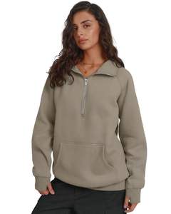 Sweat-shirt à capuche en polaire beige pour femme, demi-zip, chaud, décontracté, doux, pour l'hiver, coupe ample, poche kangourou, streetwear - Product Image 1