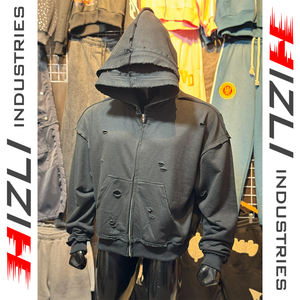 Double Hood French Terry 500 GSM 100% Cotton Distressed Cropped Oversized Drop Shoulder Hoodie Vintage <b>Streetwear</b> <b>Y2K</b> Winter - Product Image 1